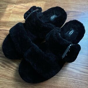 Ugg size 8 black fuzzy platform slip on shoes